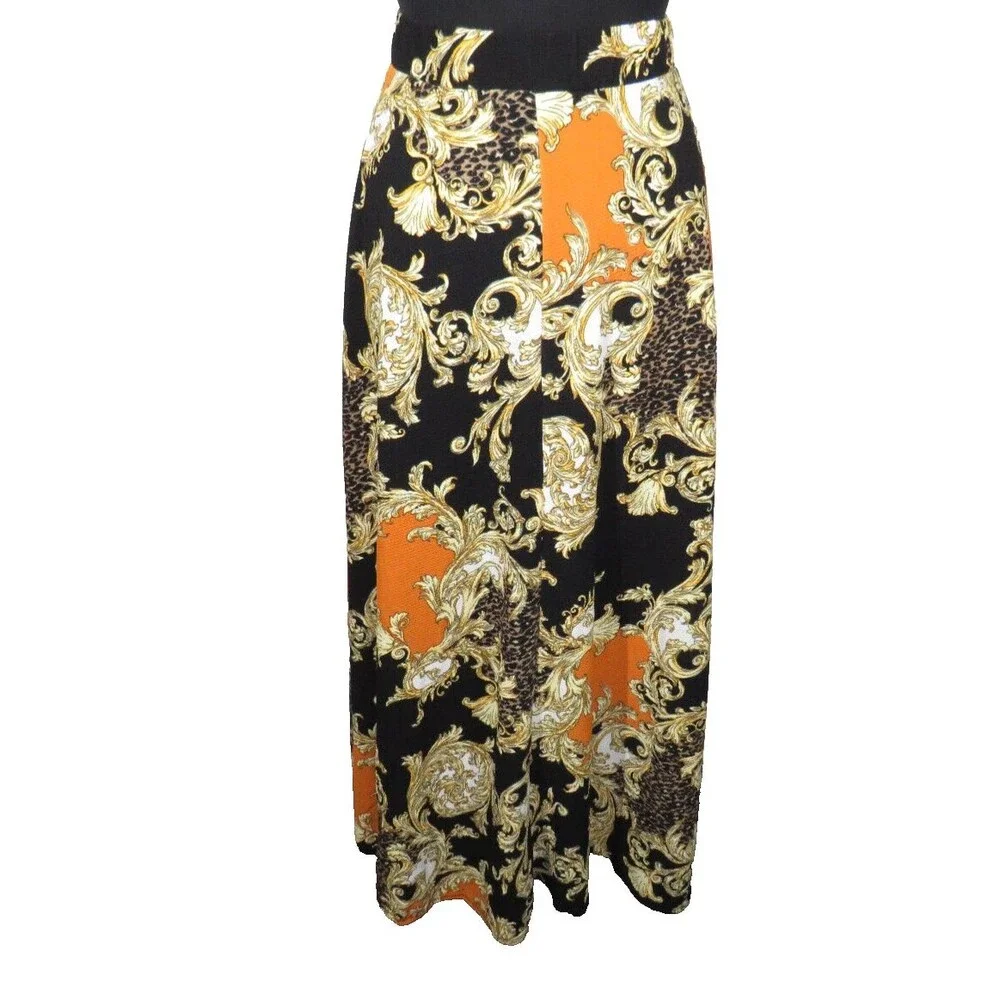 Impulsive Black Multi Leopard Scroll Print Textured Floor Length Maxi Skirt 1X